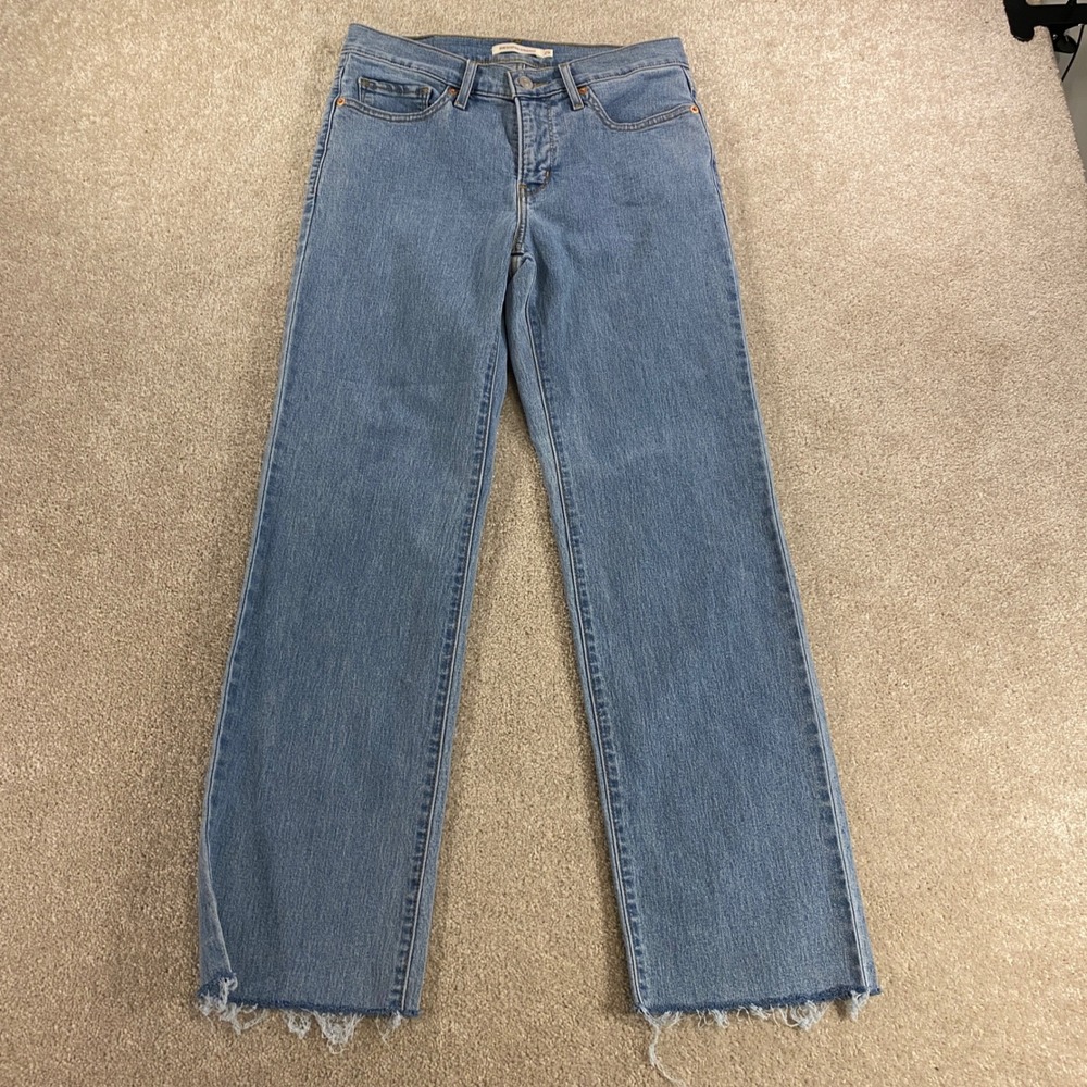 Levi's 314 Shaping Straight Jeans Womens 29 Light Blue Raw Hem Mid Rise